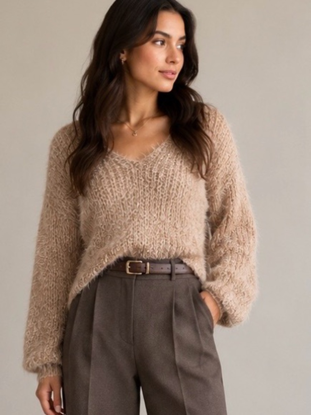 POL Women's Fuzzy Scoop Neck Sweater in Taupe